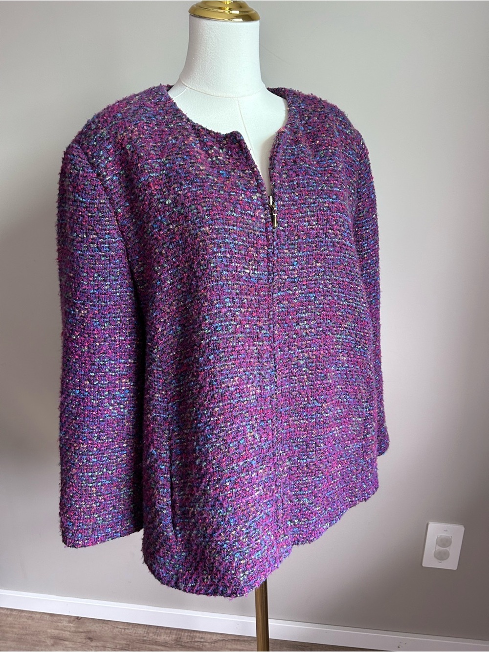 Wool blend Koret textured multi-color tweed jacket zip front closure Bouclé